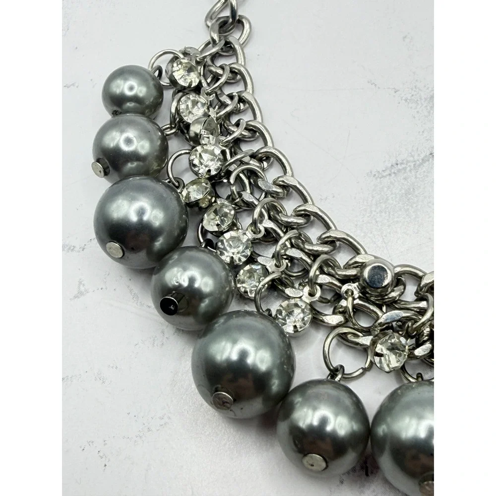 Silver‎ Gray Pearl Statement Necklace Rhinestone Chunky 16-19